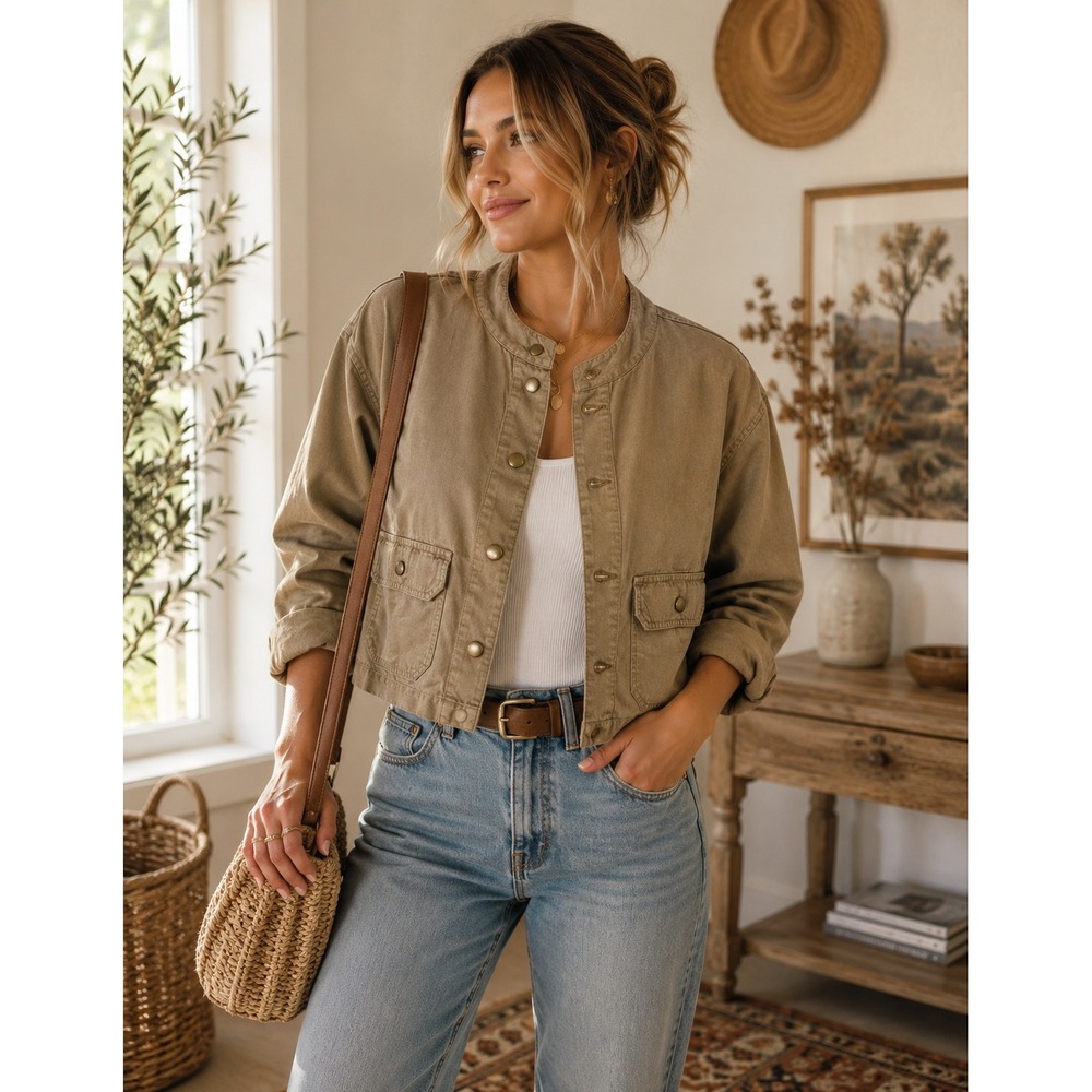Nicole Miller Tan Cropped Button-Up Jacket